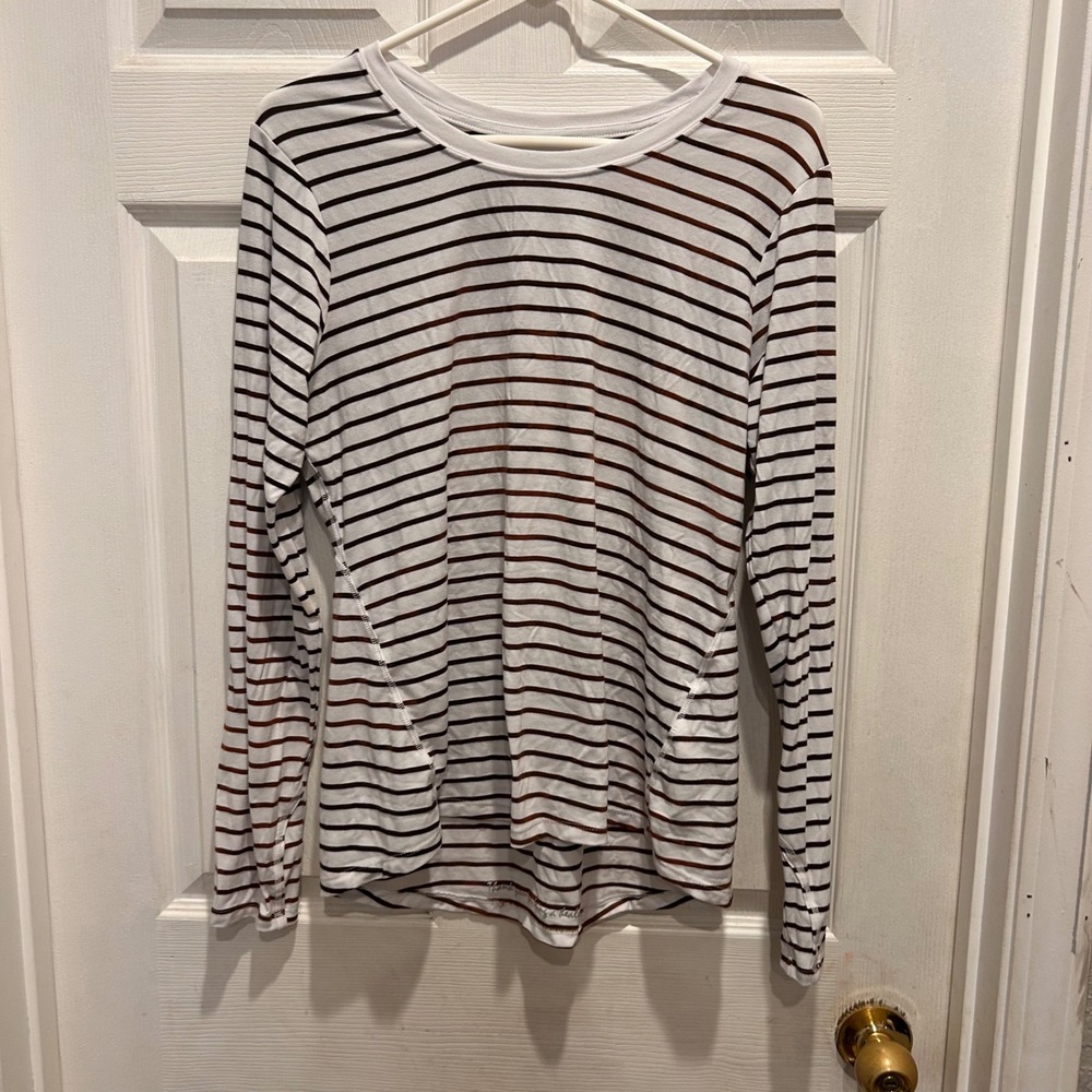 Healing‎ Hands Women White Brown Stripe Long Sleeve Top Shirt Size L Healthcare